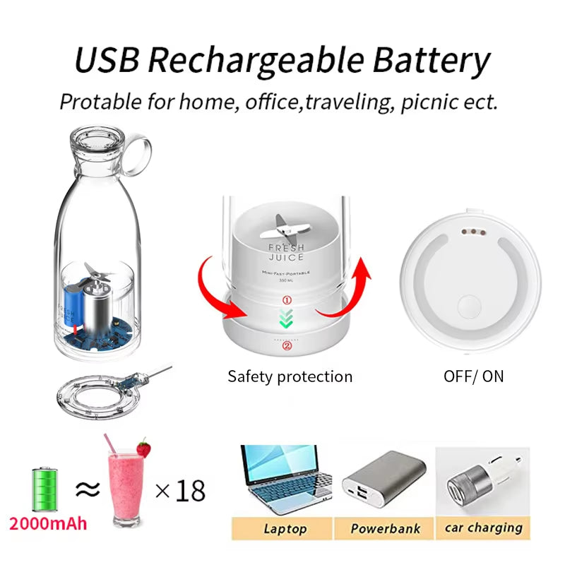 Portable Rechargeable Juicer Blender Wireless Mixer Fresh Juice 350Ml