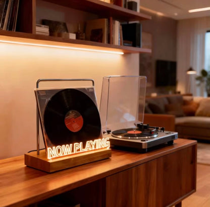 Soporte Iluminado de Madera para Discos de Vinilo con Letrero "Now Playing"